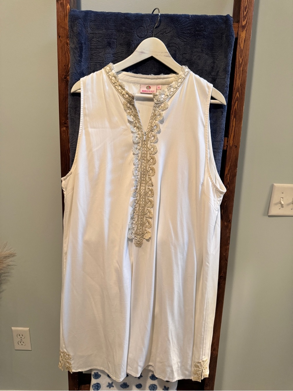 White Sleeveless Tunic with Gold Trim